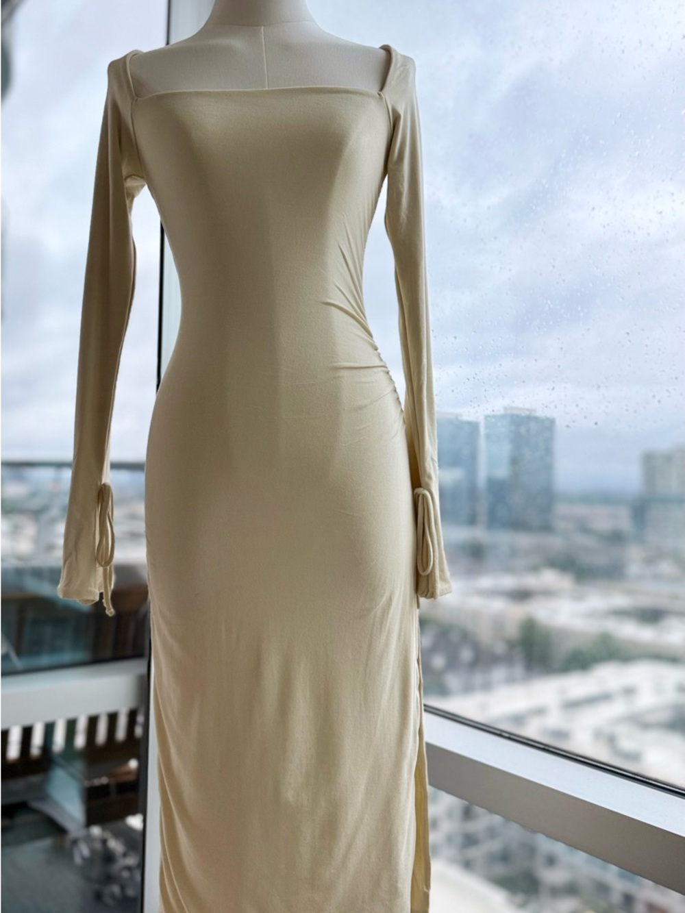 Oh Polly Square-Neck Long Sleeve Midi Dress in Cream